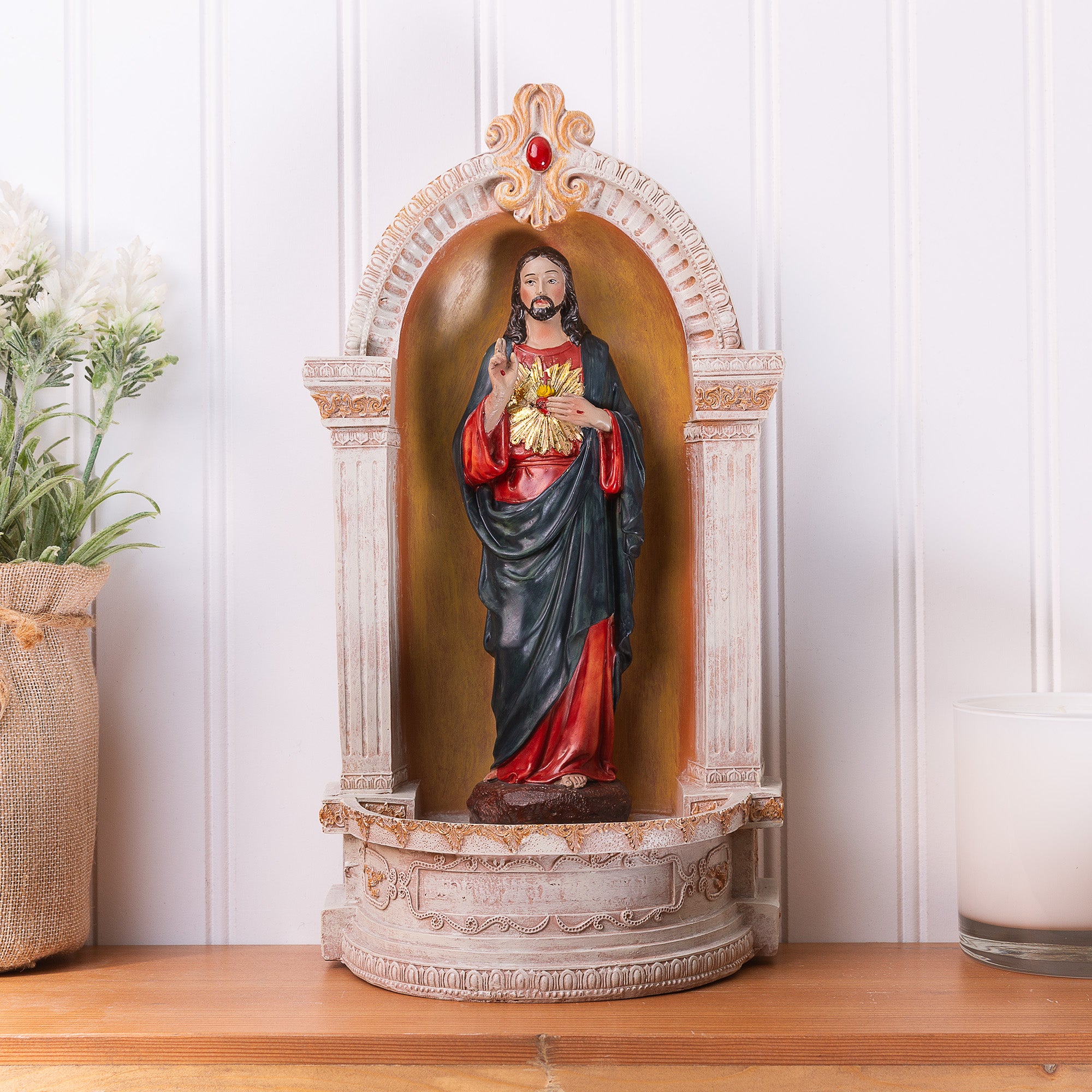 Sacred Heart Italian Style Statue with Holy Water Font - 12"