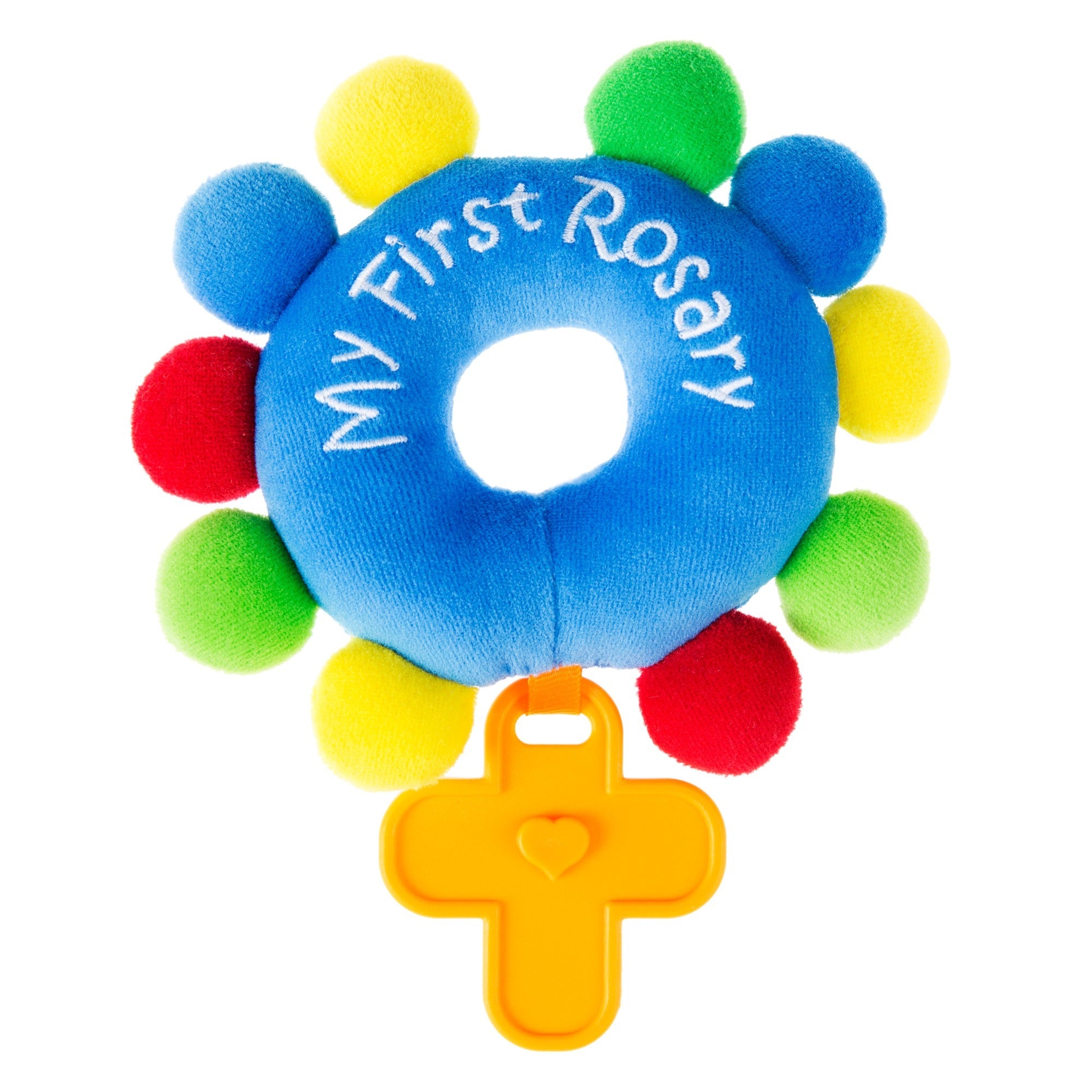 Plush "My First Rosary" toy with colorful balls and a plastic cross teether.