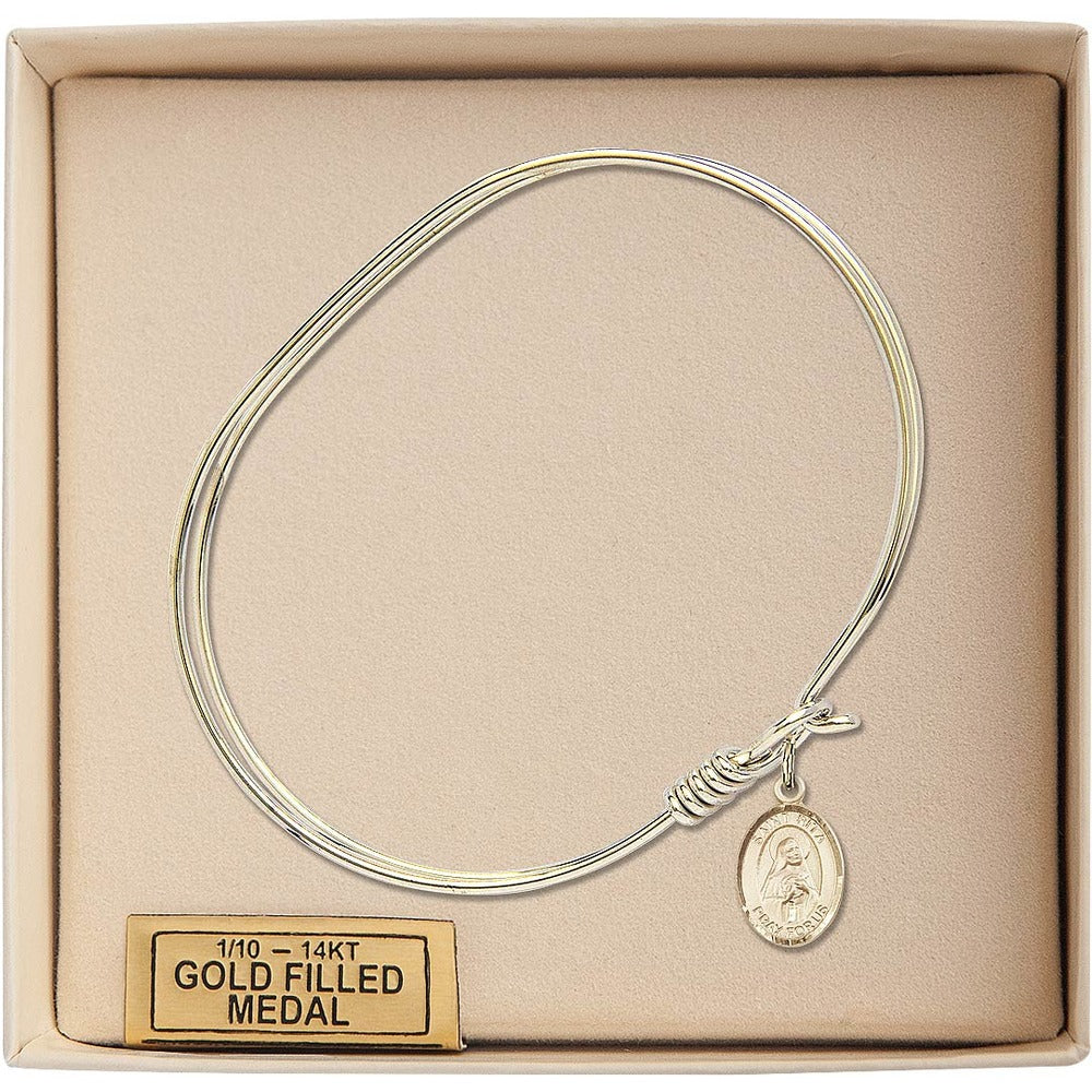 Adult 7" Oval Gold Plated Bangle Bracelet with St. Rita of Cascia Medal Charm