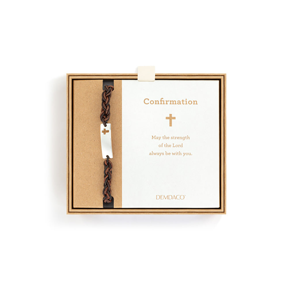 Braided Leather Cutout Cross Confirmation Bracelet