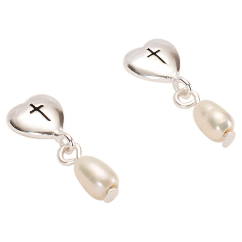 First Communion Freshwater Pearl Heart Drop Earrings