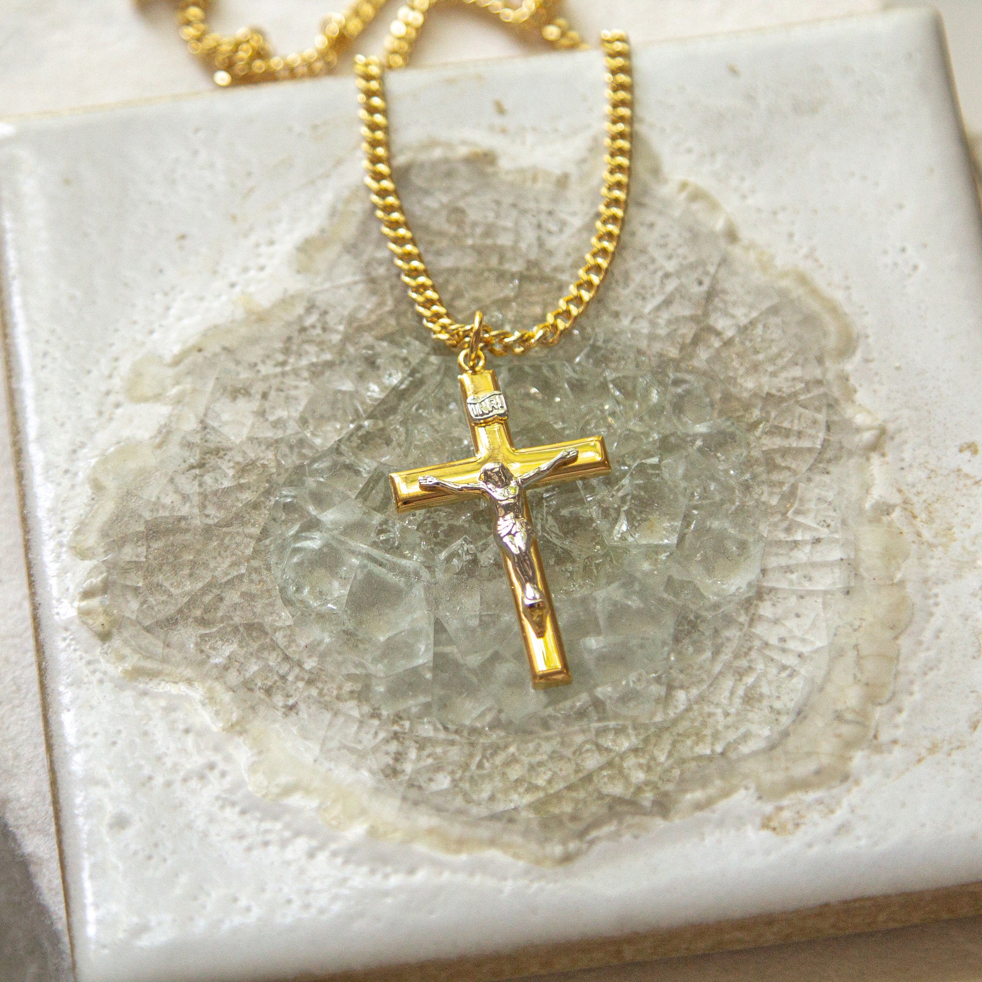 Elegant Gold and Sterling Silver Crucifix Necklace - 24"