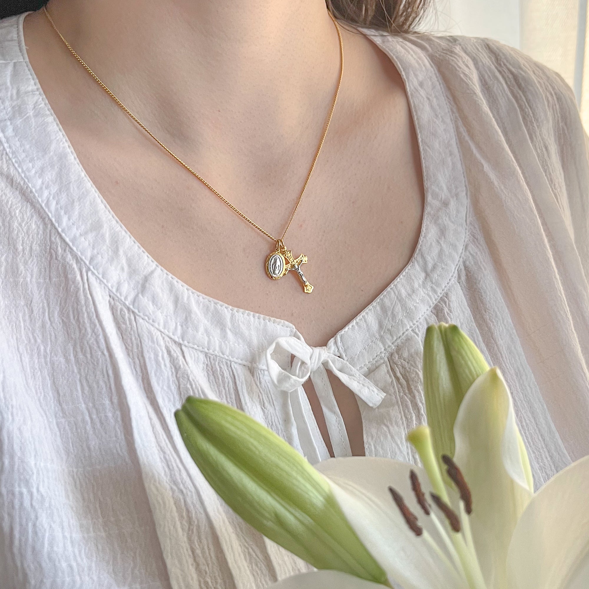 Two-Tone Gold/Sterling Miraculous Medal & Crucifix Necklace