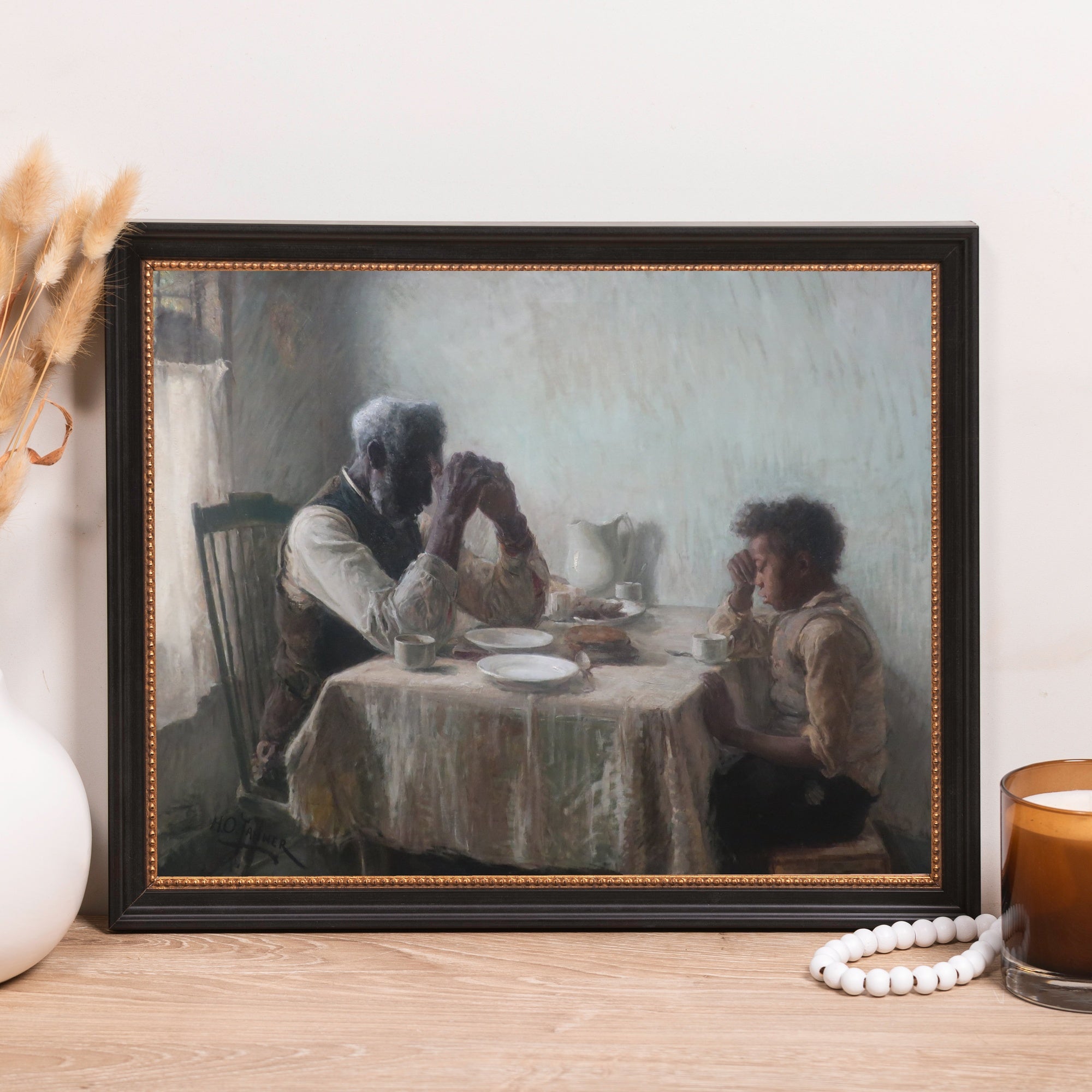 Framed print of "The Thankful Poor" by Henry Ossawa Tanner depicting a man and boy praying.