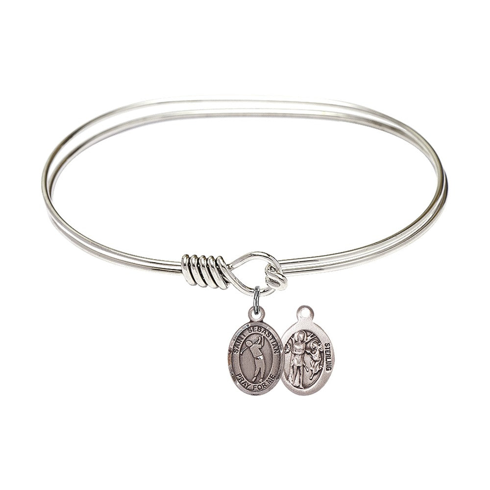 Adult 7" Oval Rhodium Plated Bangle Bracelet with St. Sebastian/Golf Medal Charm