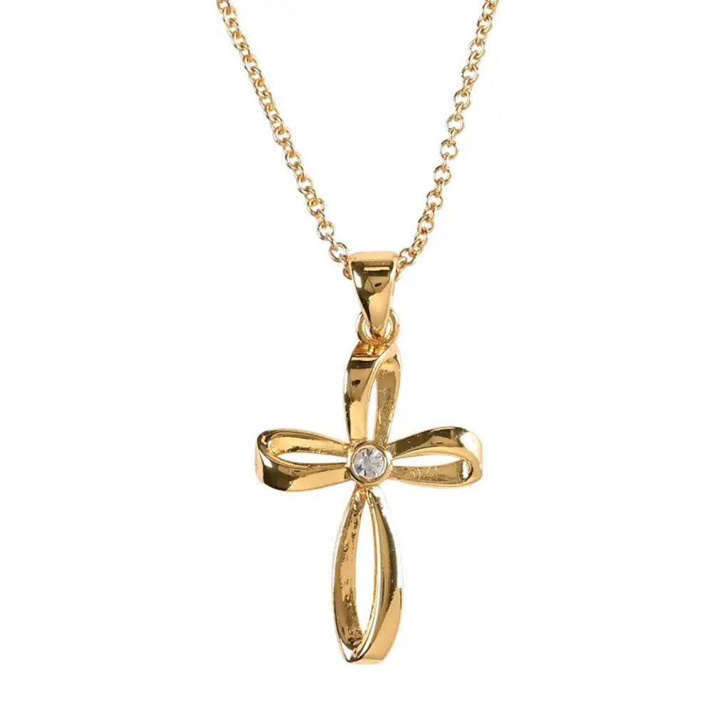 Gold, ribbon-style cross necklace with a crystal center, suspended on a delicate chain.