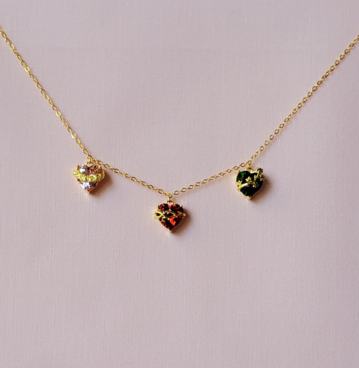 Gold Over Sterling 3 Hearts Jeweled Choker