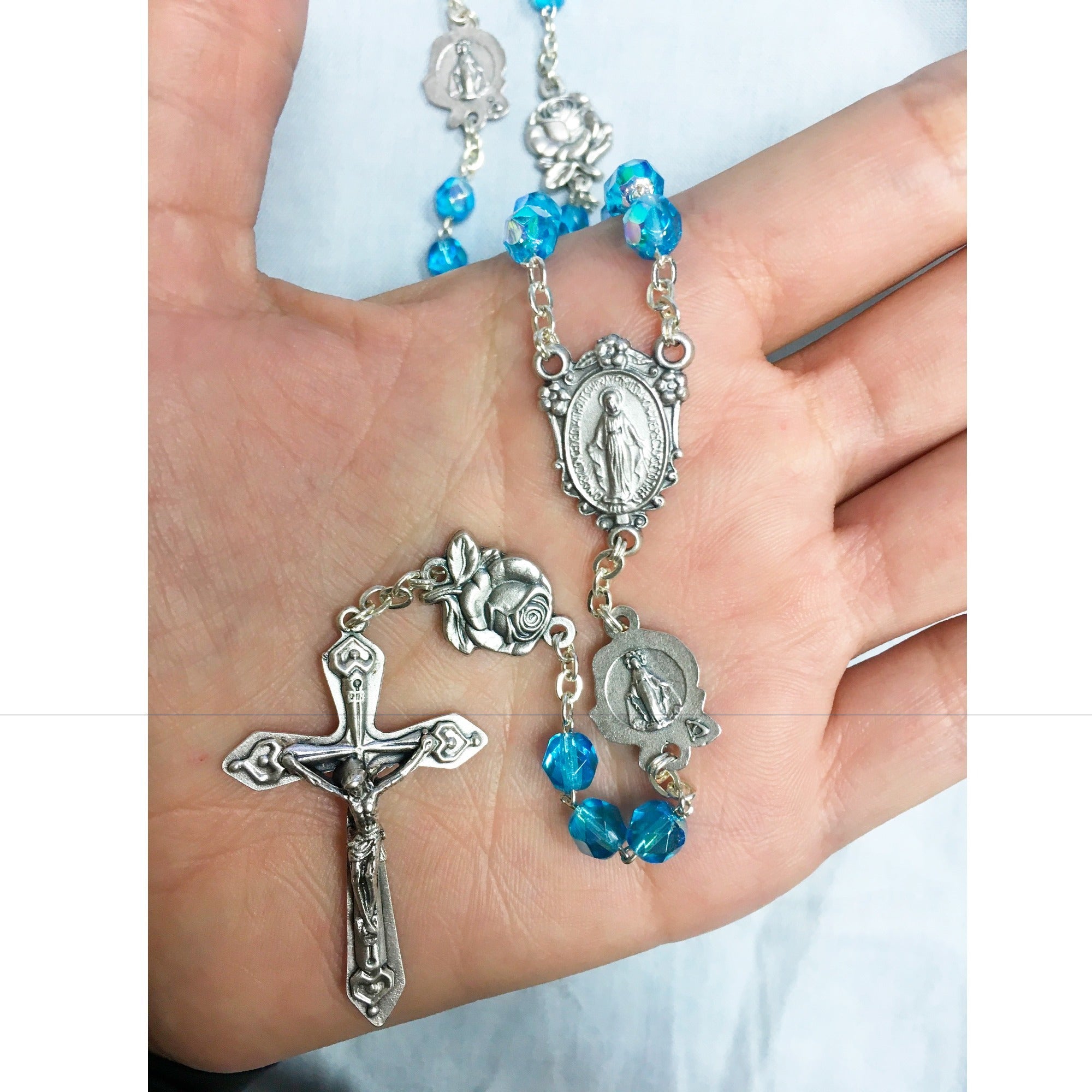 Aqua Miraculous Medal with Roses Rosary