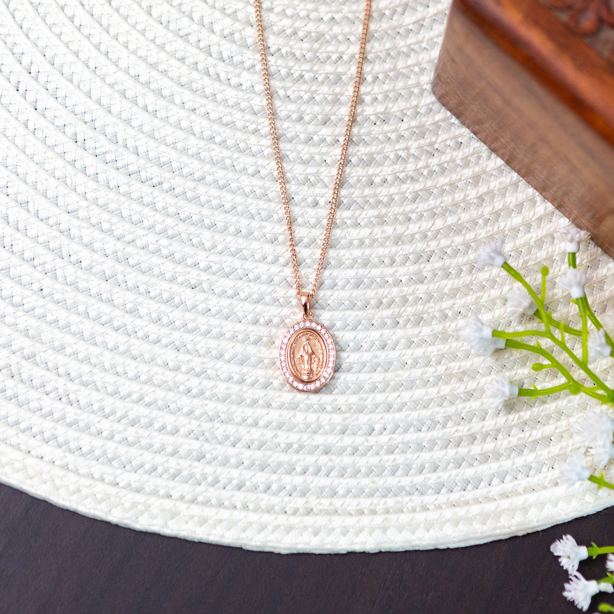 Rose Gold Crystal Miraculous Medal Necklace