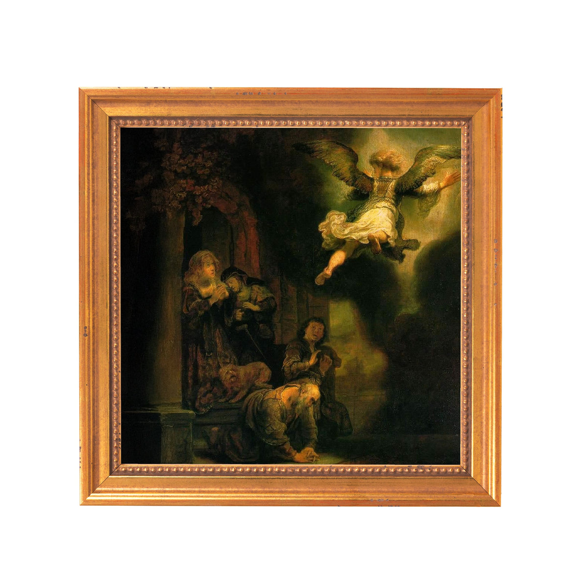 Framed painting showing a group of people and an angel in a dark setting.
