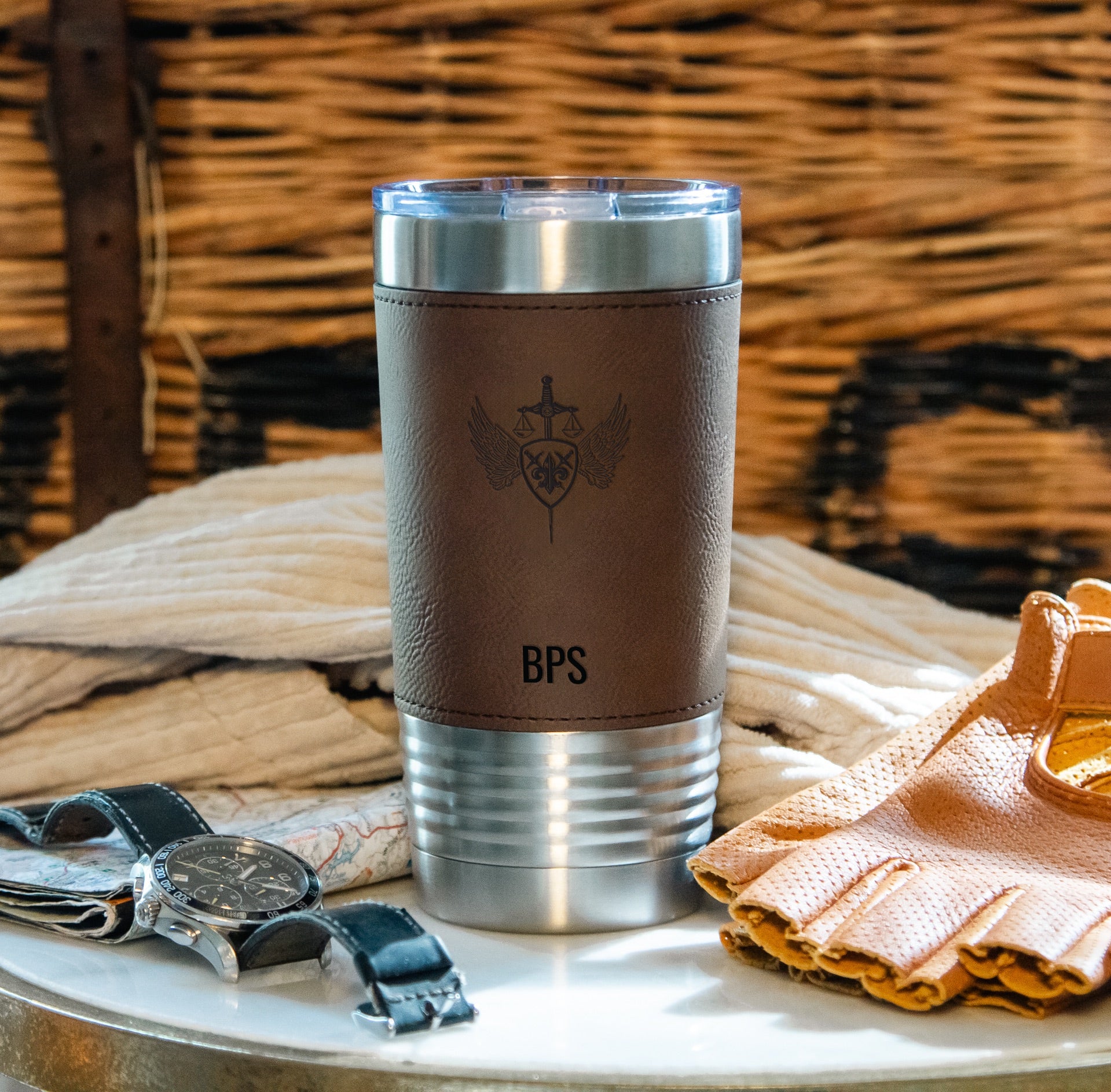 Personalized St. Michael Stainless Steel & Leather Tumbler