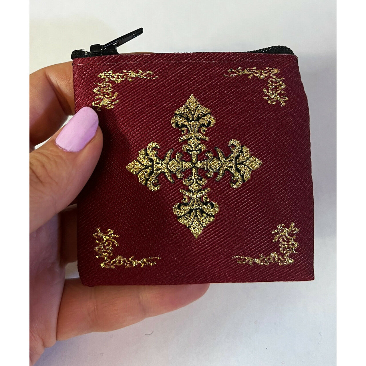 Maroon & Gold Tapestry Rosary Pouch