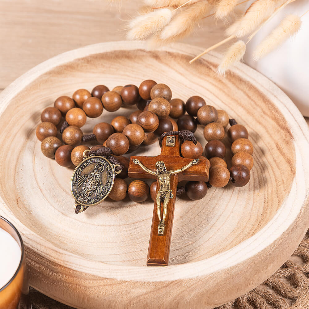 Miraculous Medal Wood Bead Wall Rosary