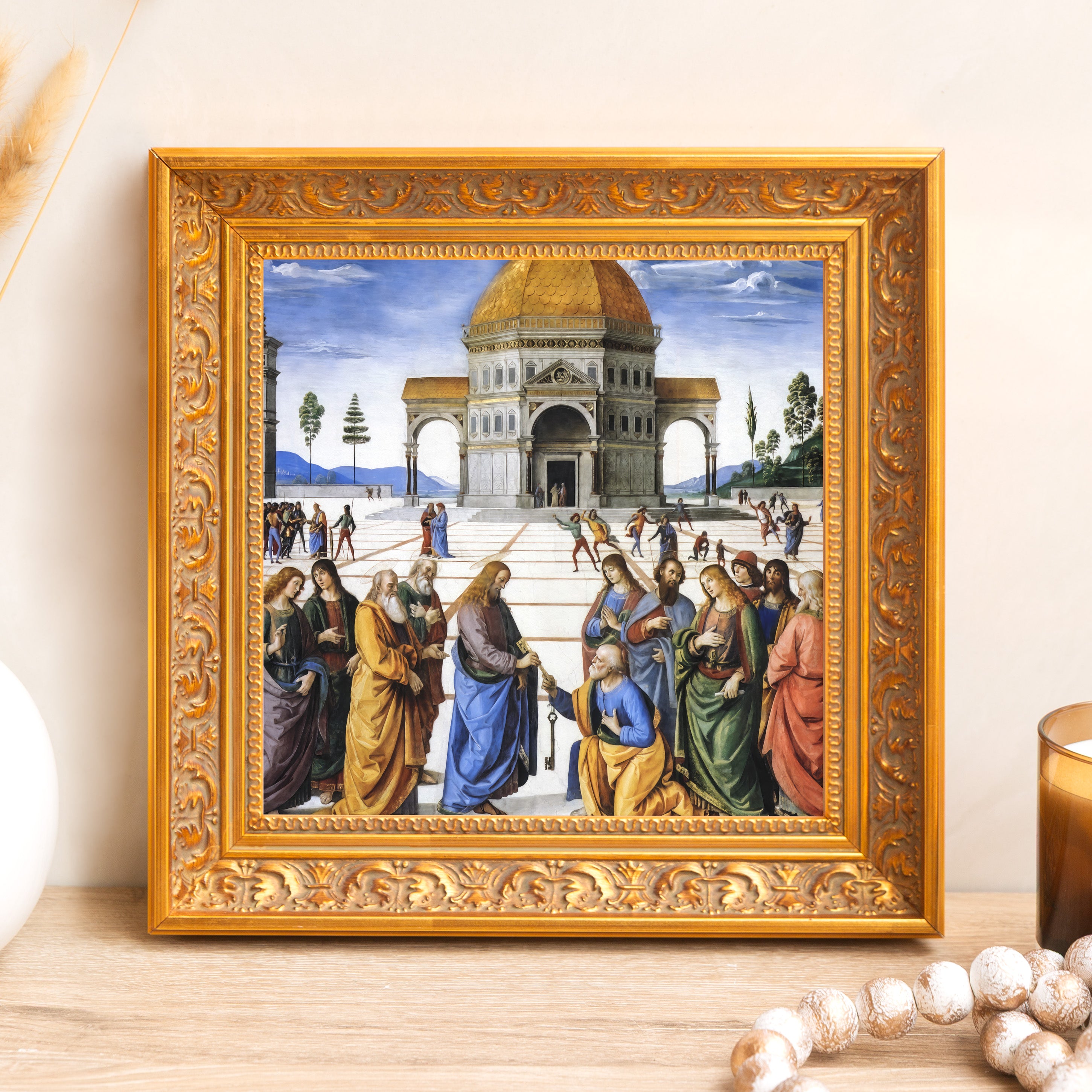 Framed art print featuring biblical scene and golden ornate frame.