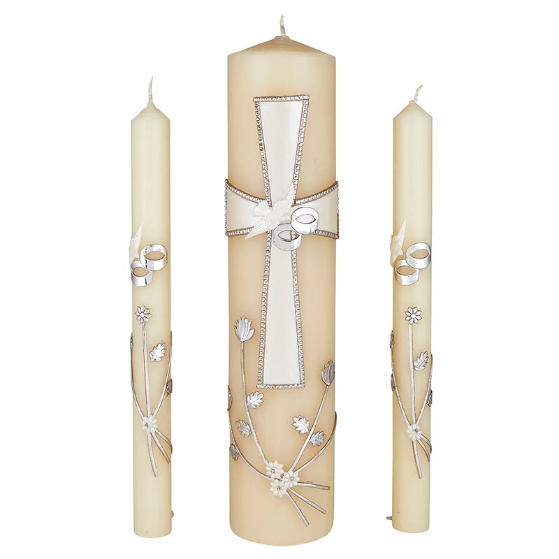 Silver Dove & Rings Wedding Unity Candle Set - 3 Pieces