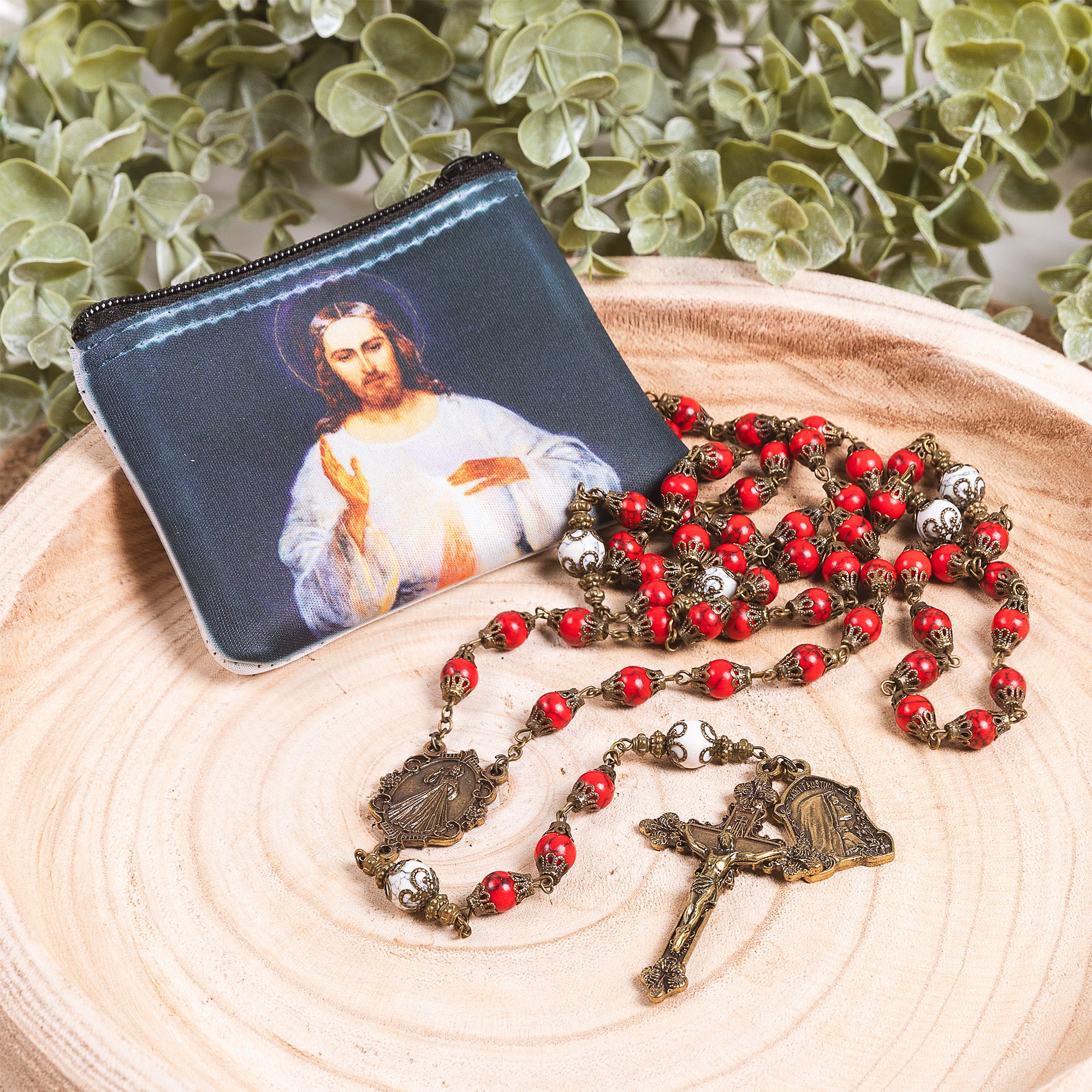 Divine Mercy Rosary Pouch & Vintage Rosary-Divine Mercy Gift Set