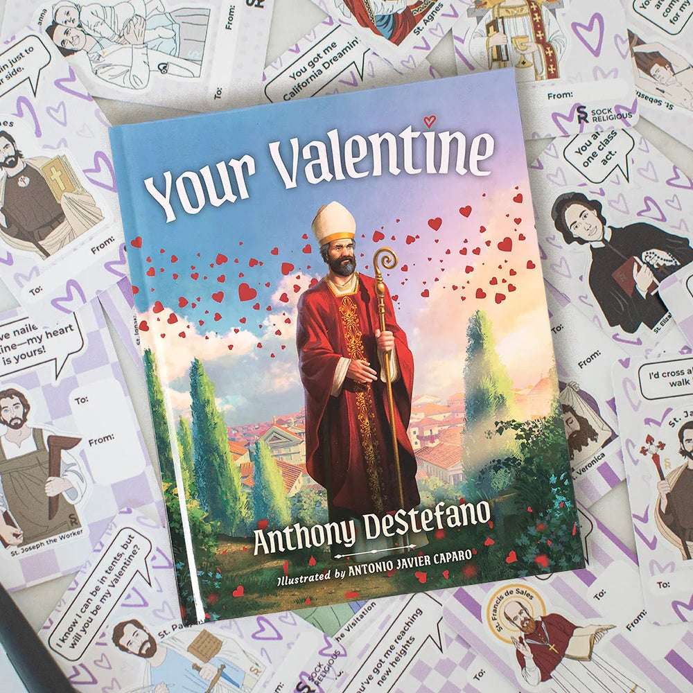 Your Valentine Book & Saint Puns Valentines Stickers Gift Set