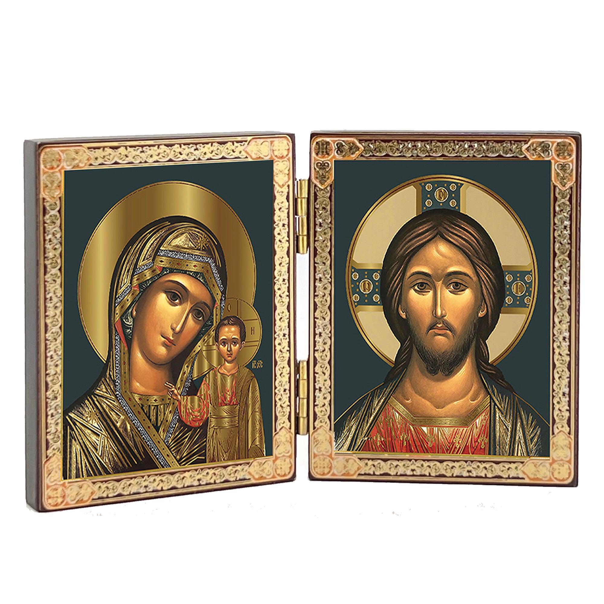 Virgin of Kazan & Christ Pantocrator Icon Diptych - 3" x 2"