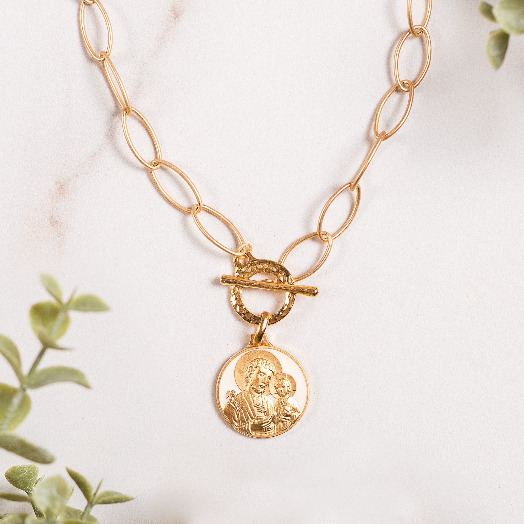 Handcrafted White Enamel St. Joseph Necklace