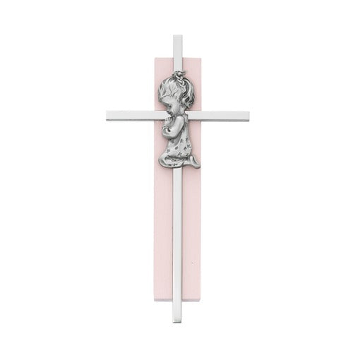 Praying Girl Pewter Cross on Pink Wood