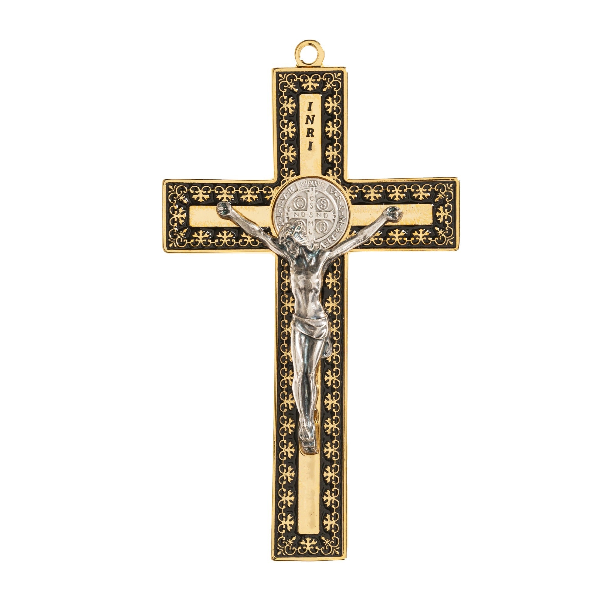 Gold St. Benedict Crucifix with Black Enamel Accent - 4.7"