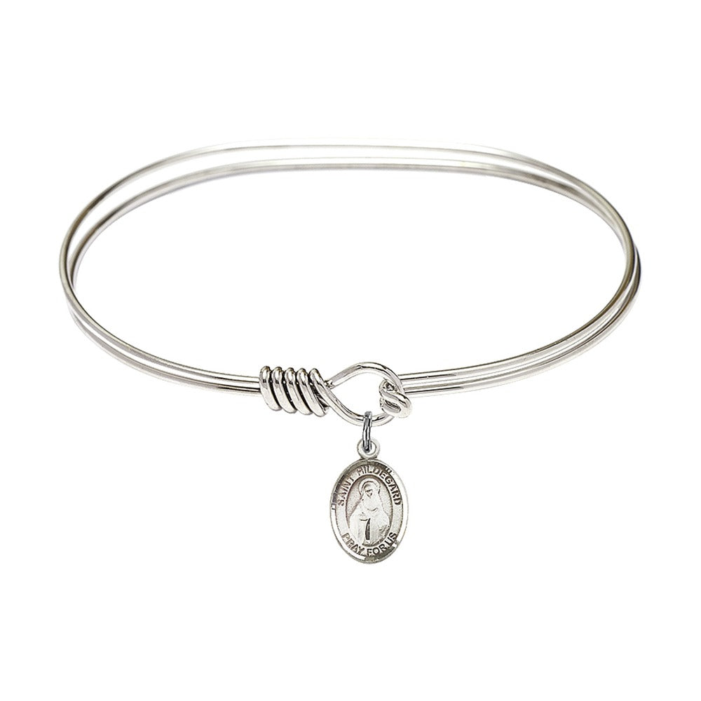 Adult 7" Oval Rhodium Plated Bangle Bracelet with St. Hildegard von Bingen Medal Charm