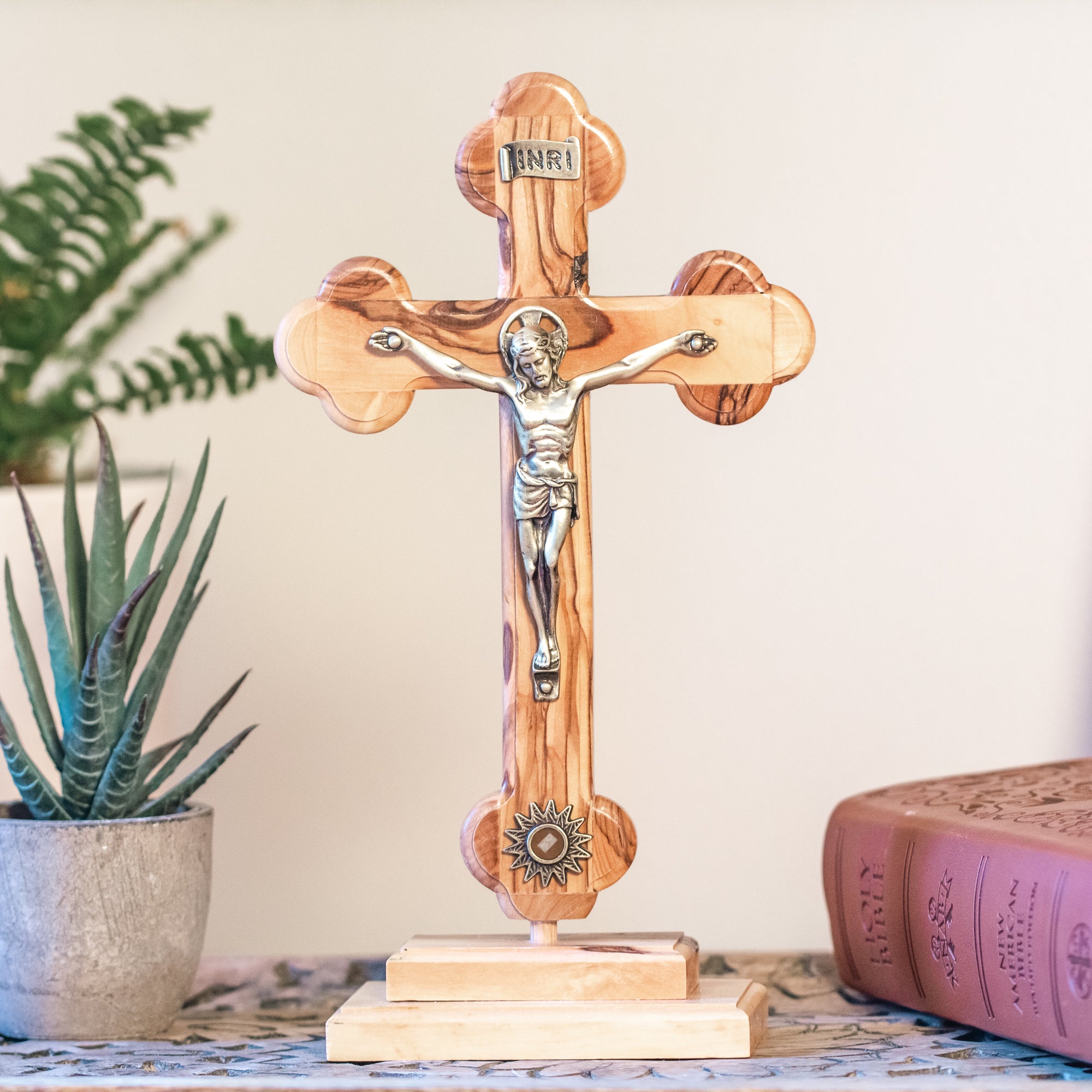 Standing Olive Wood Crucifix with Holy Land Relic - 8"