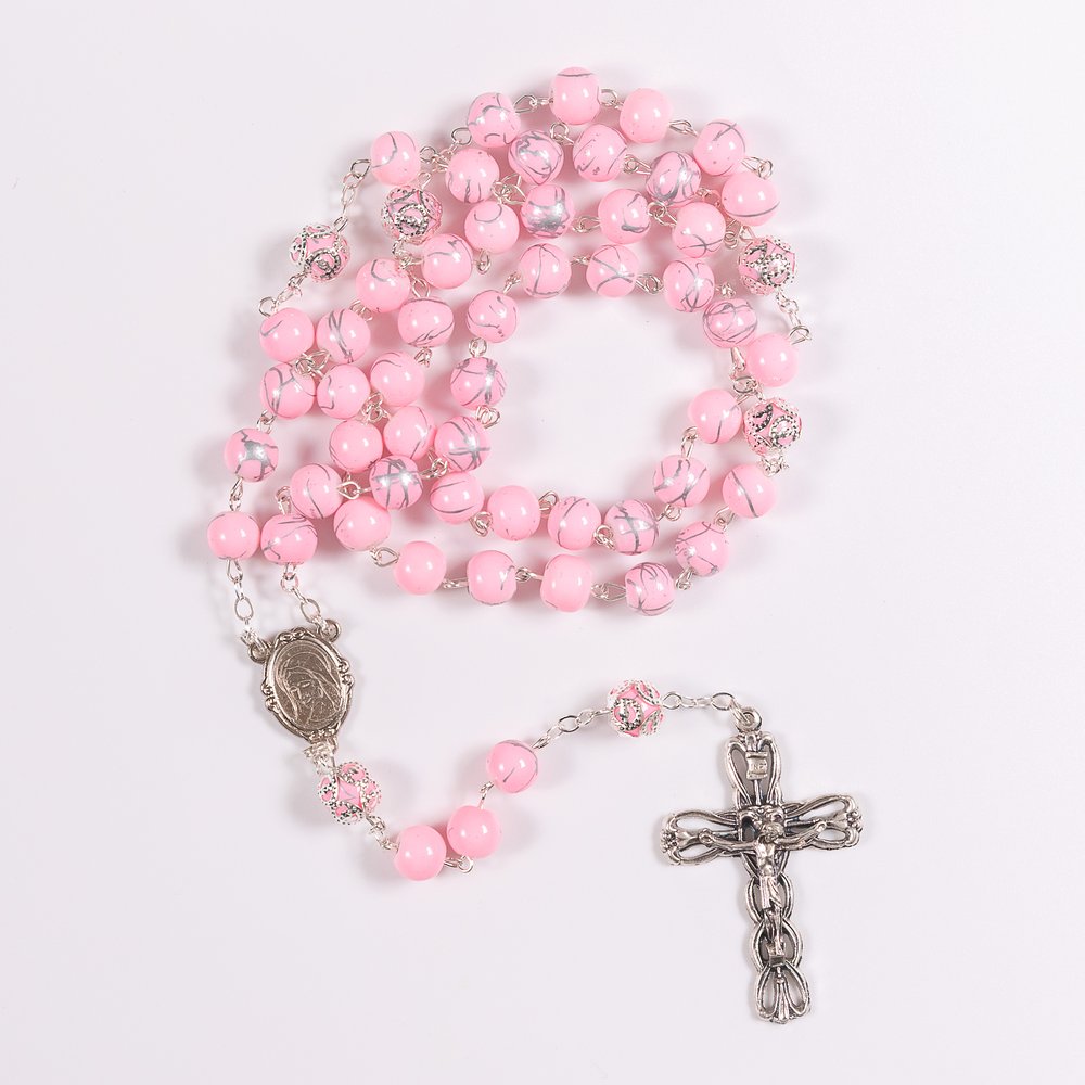 Italian Marbled Silver & Pink Bead Rosary