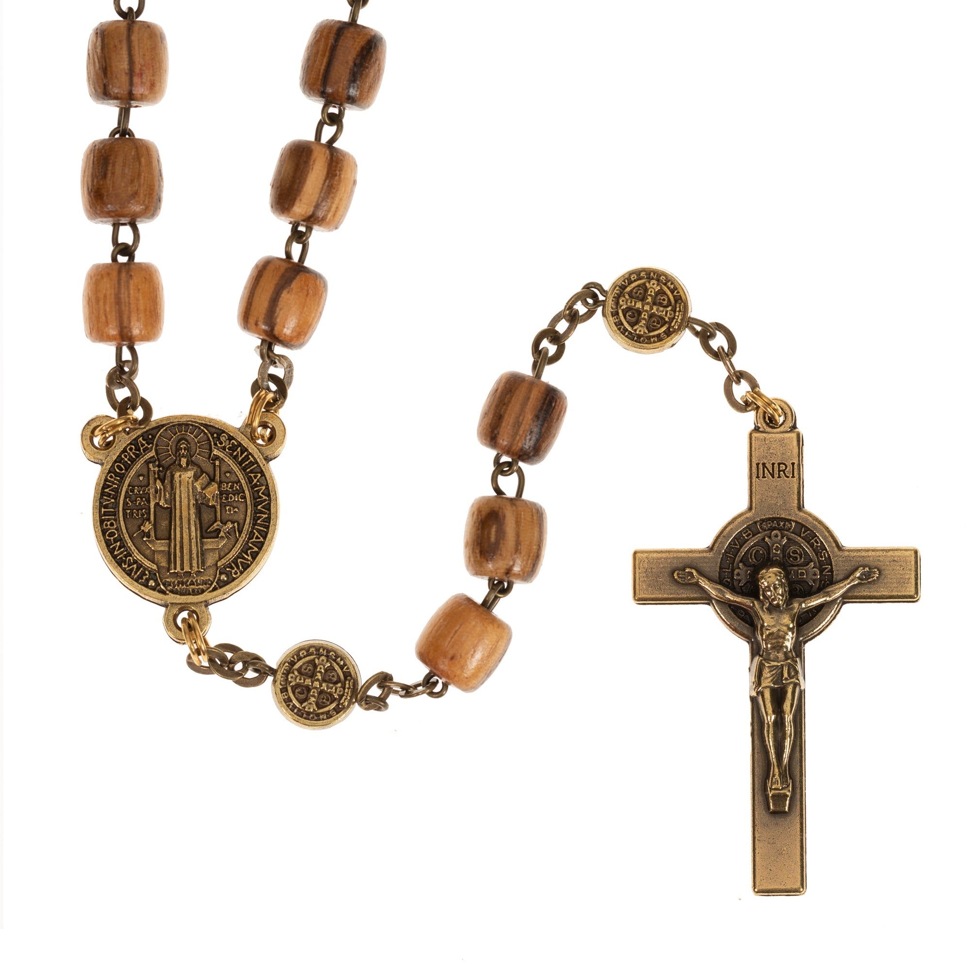 St. Benedict Gold Tone and Wood Rosary