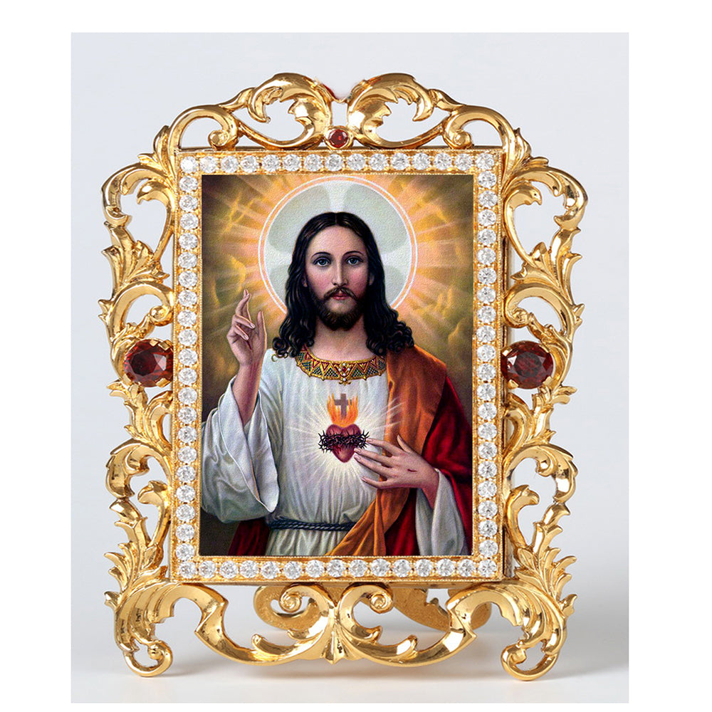 Gold Jeweled Frame Sacred Heart Icon - 4" x 3.25"