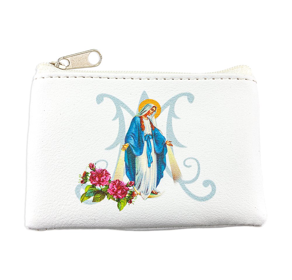 Our Lady of Grace White Leatherette Rosary Pouch