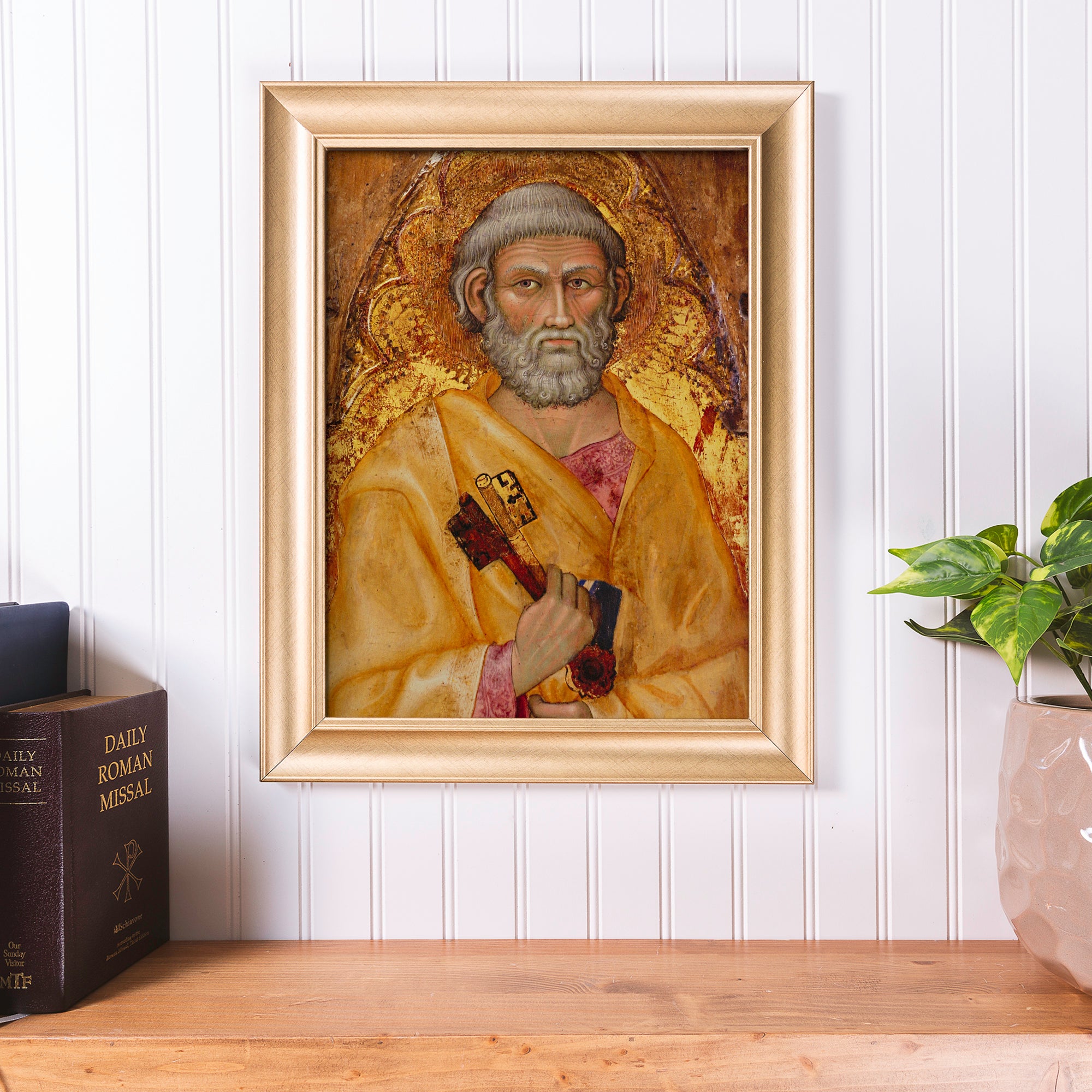 Framed religious art print featuring St. Peter holding keys, in gold hues with a gold frame.