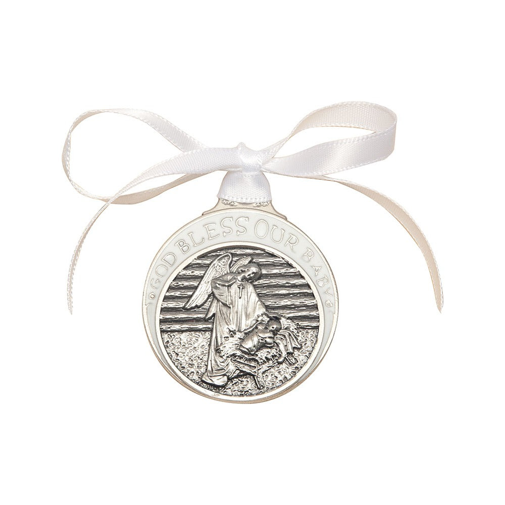 Pewter Baby in Manger Crib Medal on White Satin Ribbon