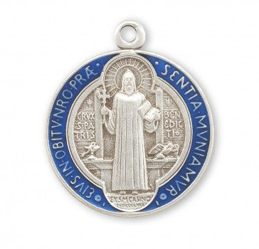 Sterling & Blue Enameled St. Benedict Medal Necklace - 18"