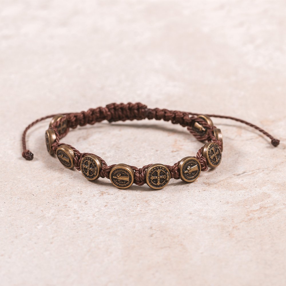 Brown Cord Bronze Finish St. Benedict Bracelet