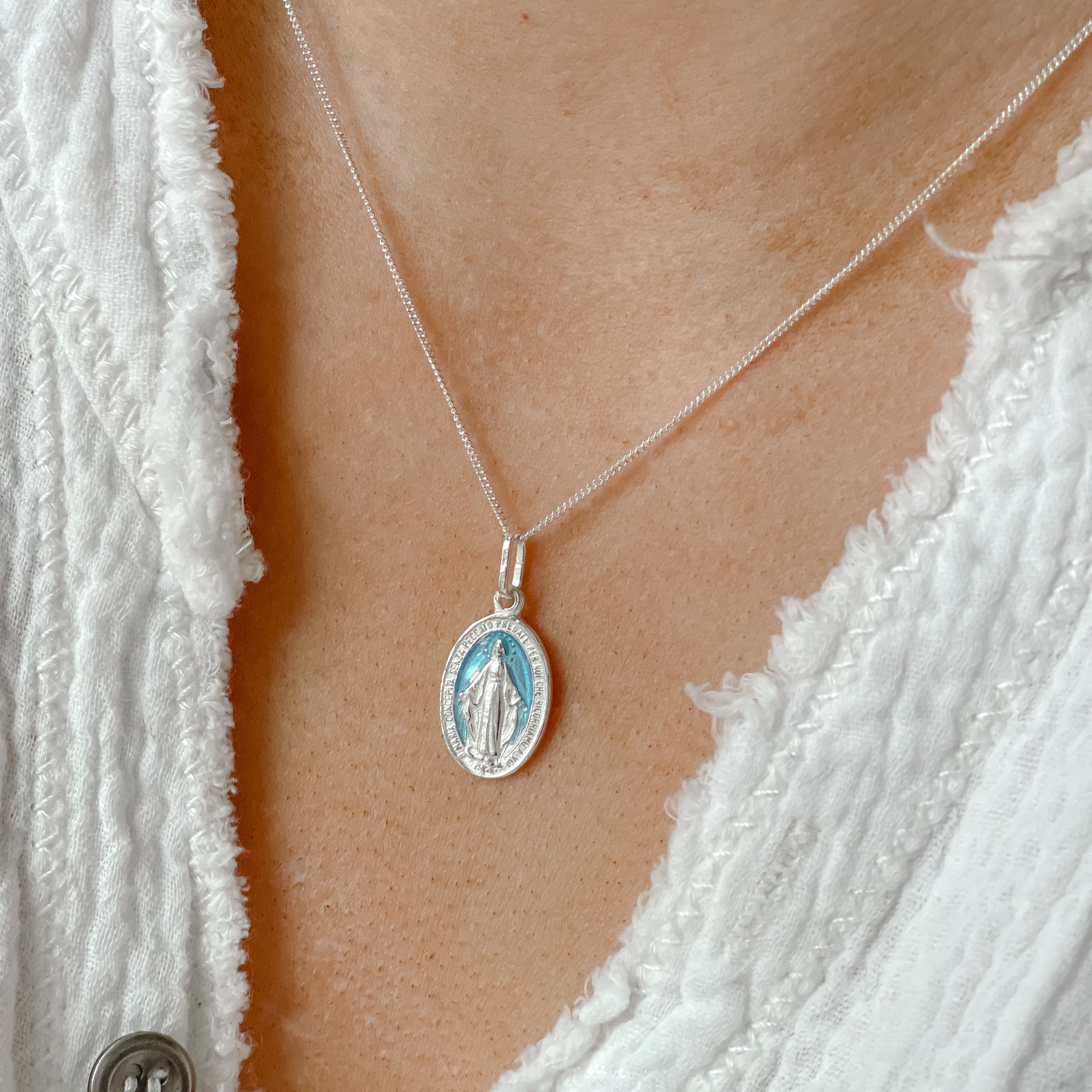Oval Miraculous Medal Necklace with Light Blue Enamel