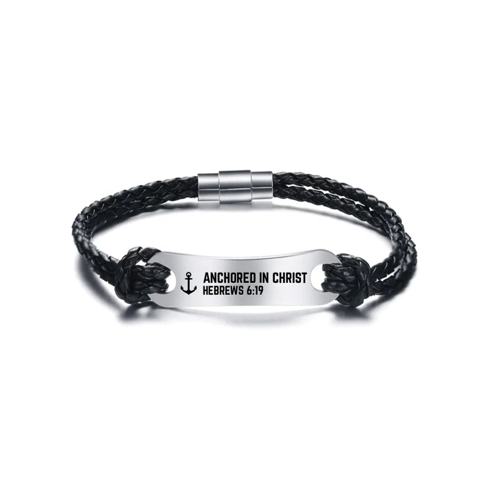 Anchored in Christ Black Leather Bracelet