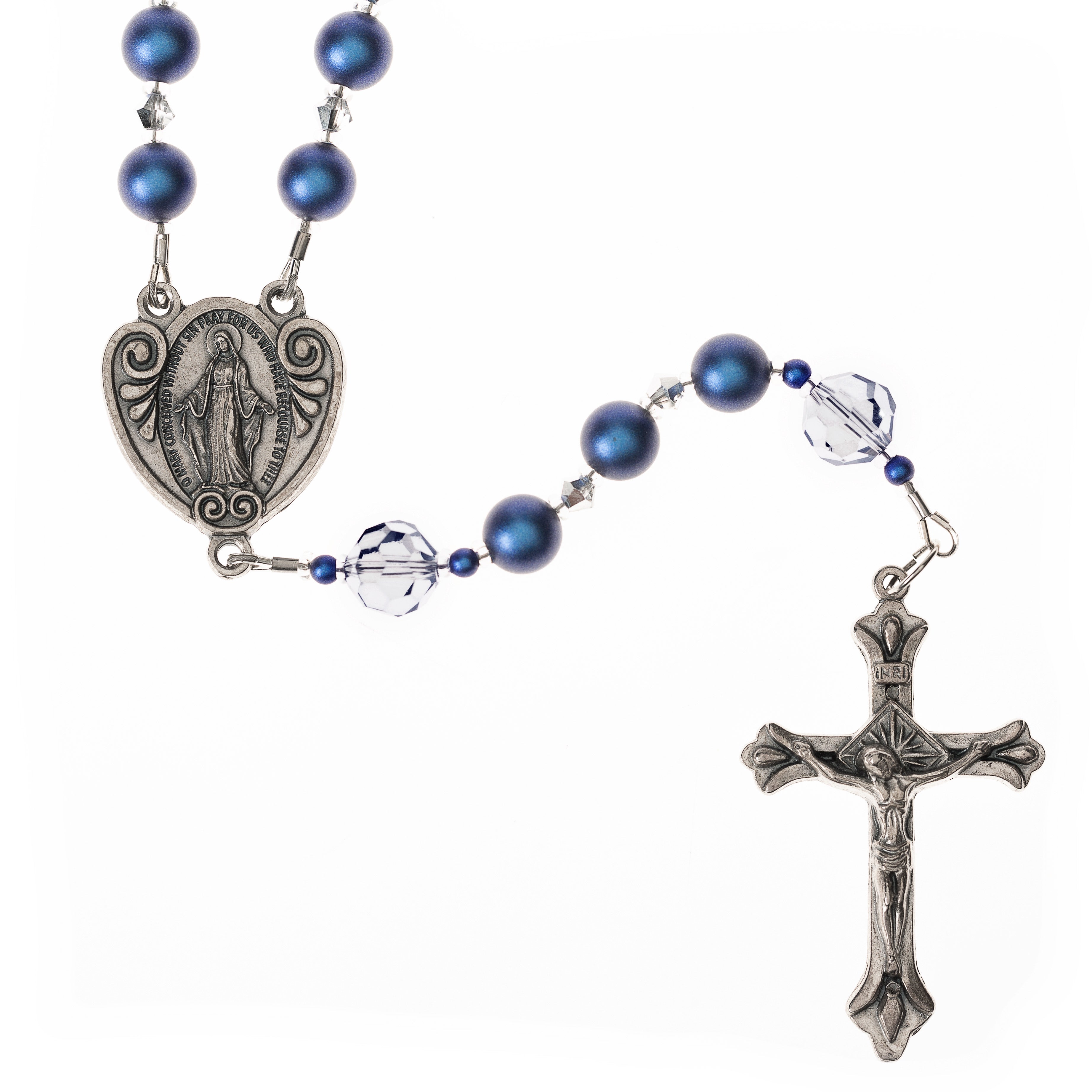 Blue Glass Pearl Miraculous Medal Rosary