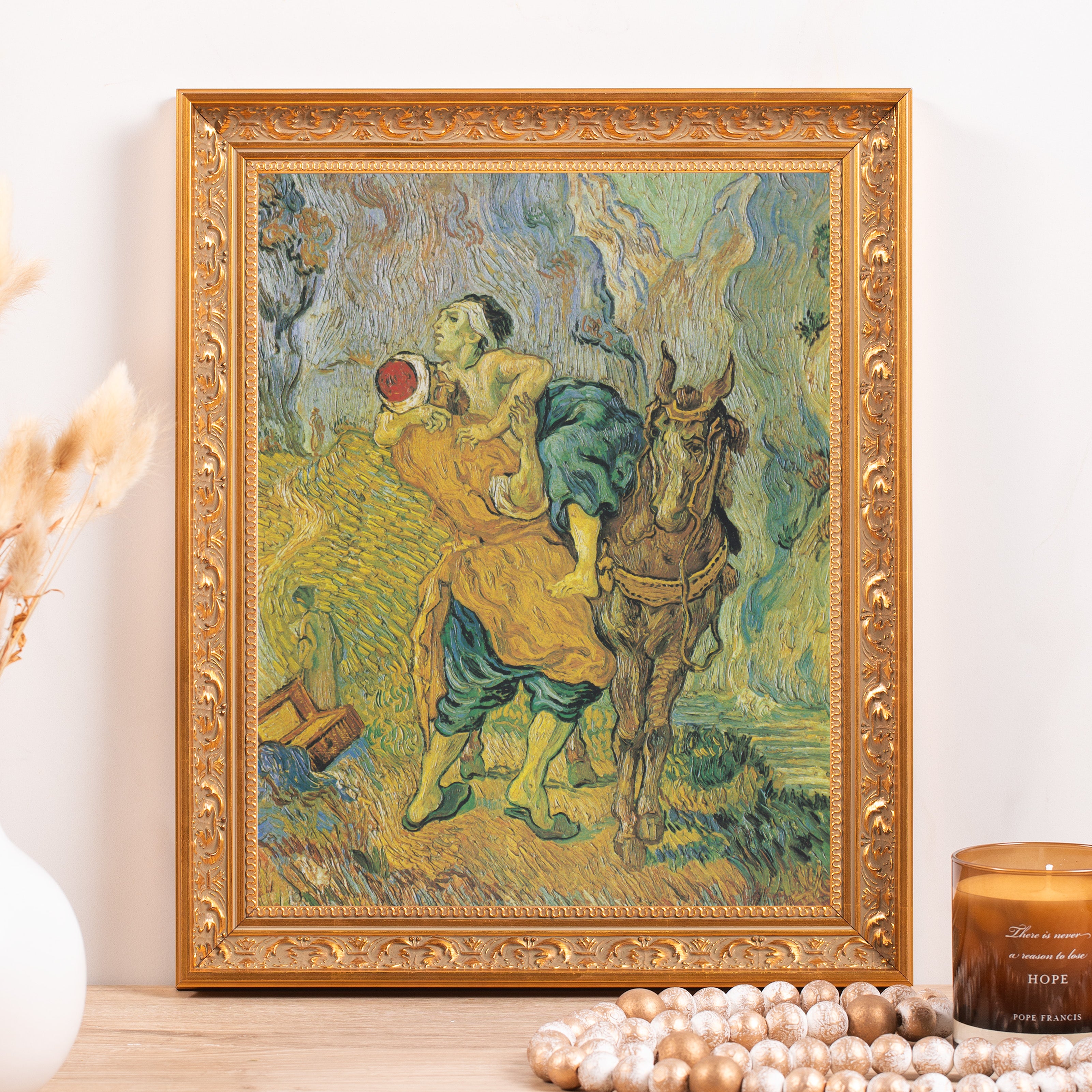 Framed Van Gogh print of "Good Samaritan" with gold ornate frame for wall art decor.