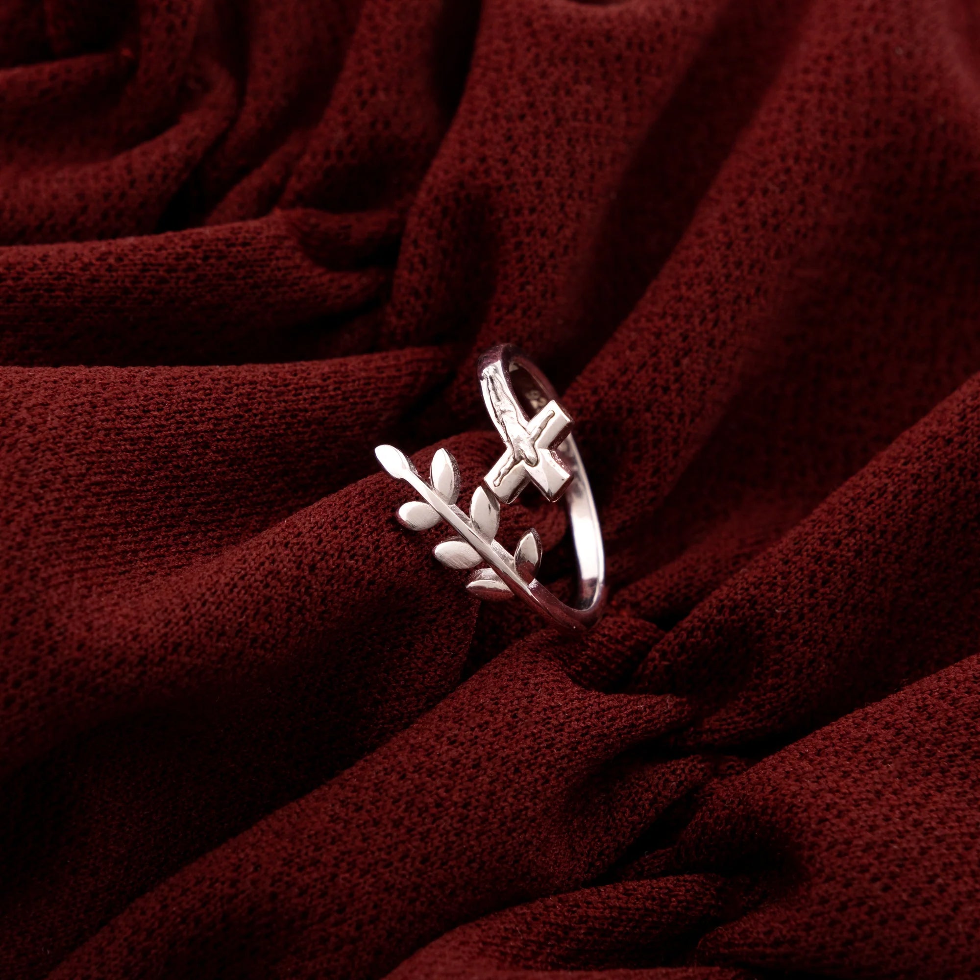 Sterling Silver Peace Olive Branch & Crucifix Adjustable Ring