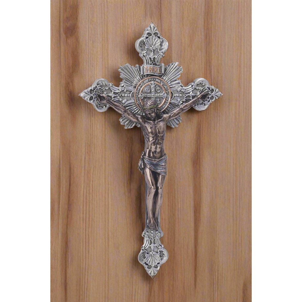 Silver & Bronze Style Baroque St Benedict Crucifix - 7.75"