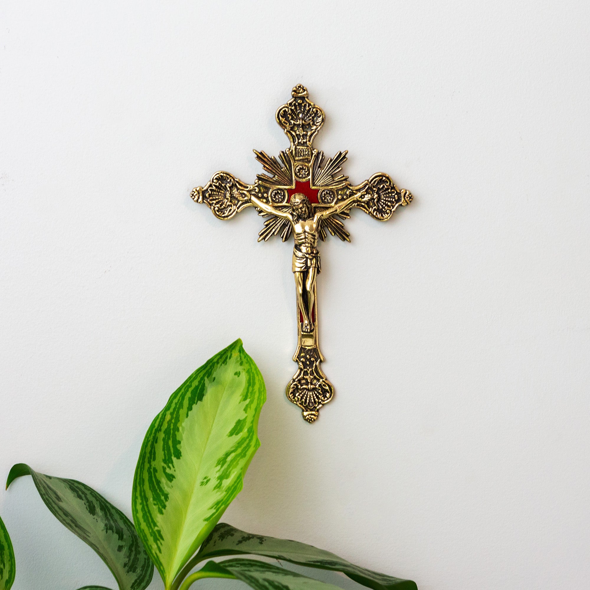 Ornate Gold Wall Crucifix with Red Inlay - 8"