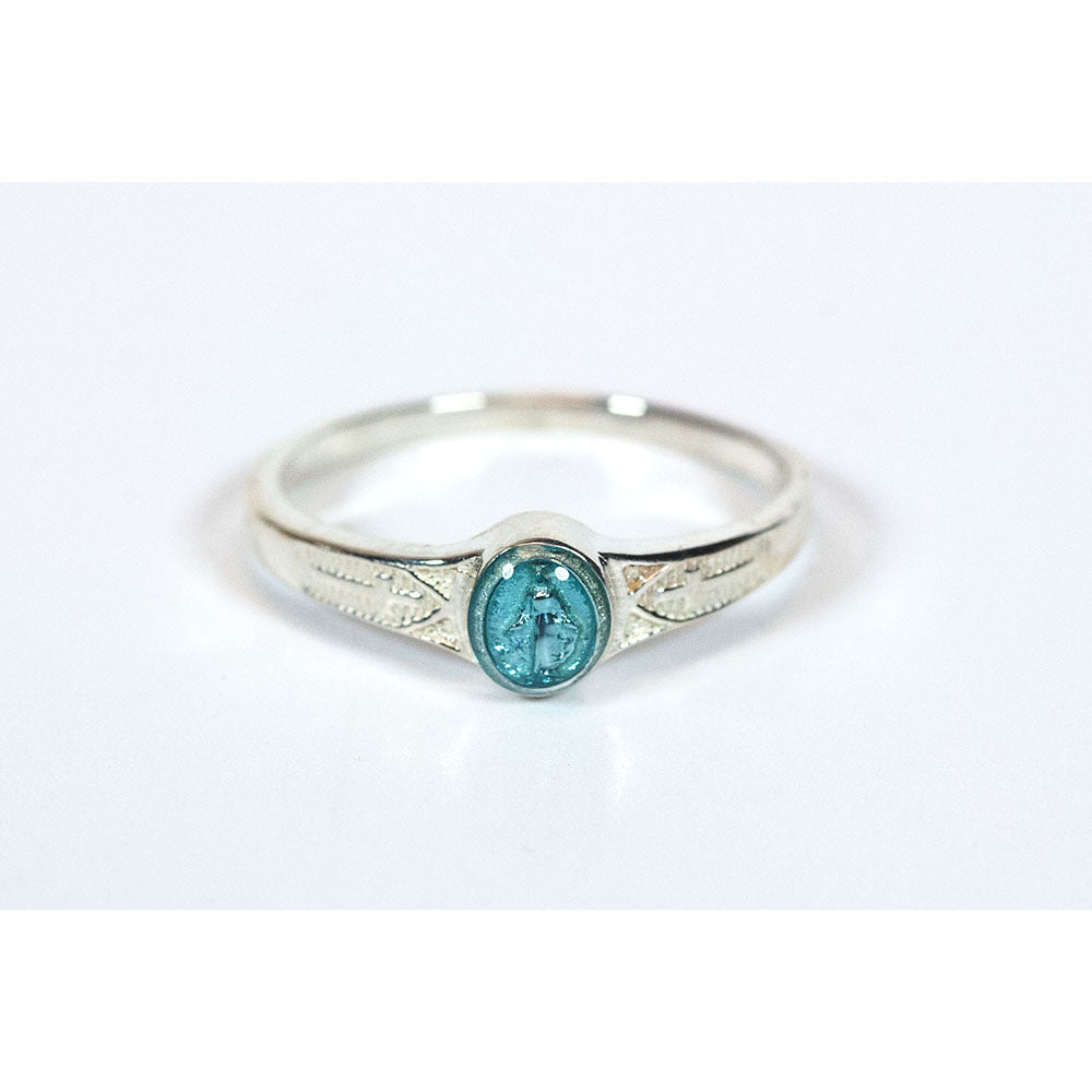 Etched Silver Miraculous Medal Ring with Blue Center