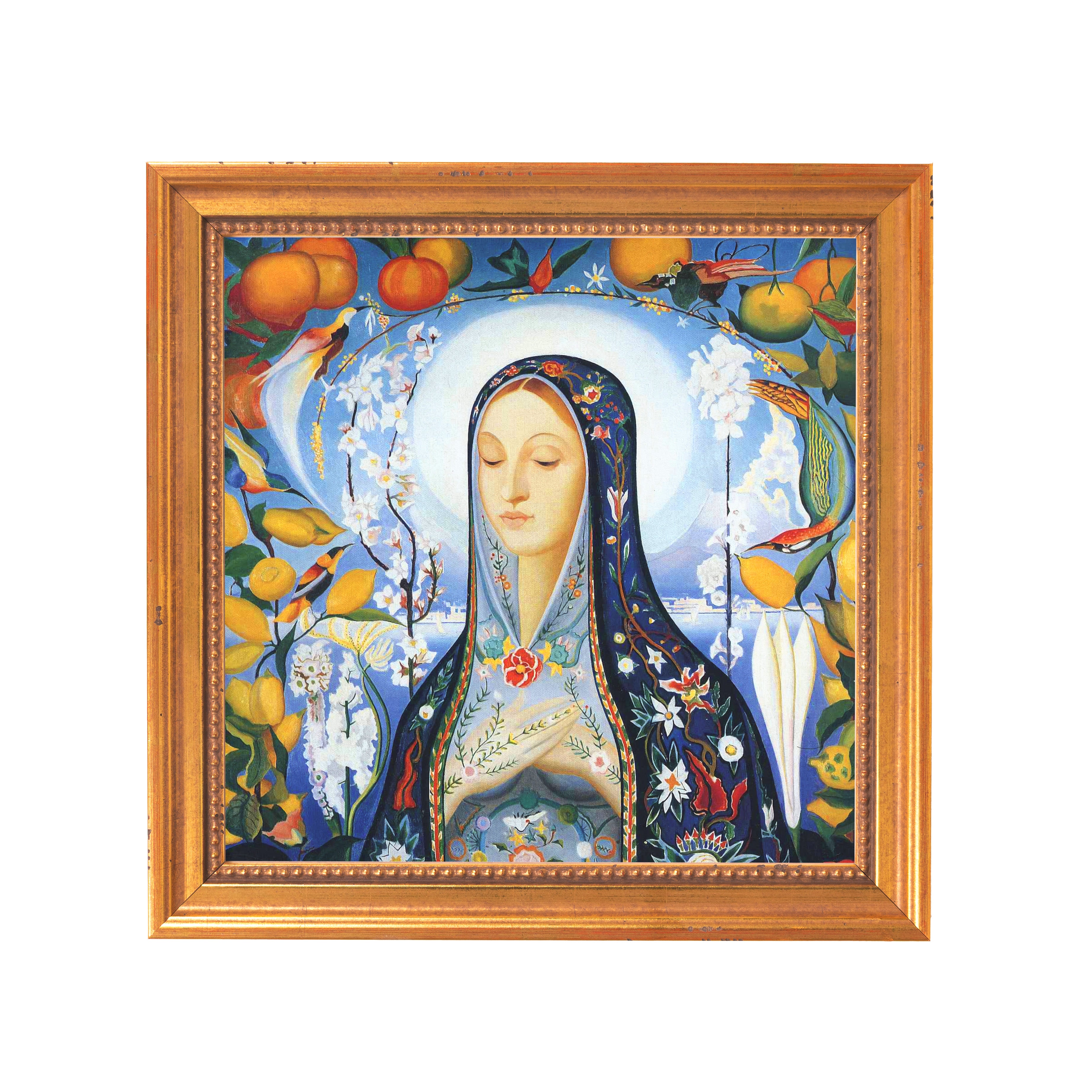 Framed art: A floral Madonna painting with gold frame, featuring a veiled woman and floral and bird details.