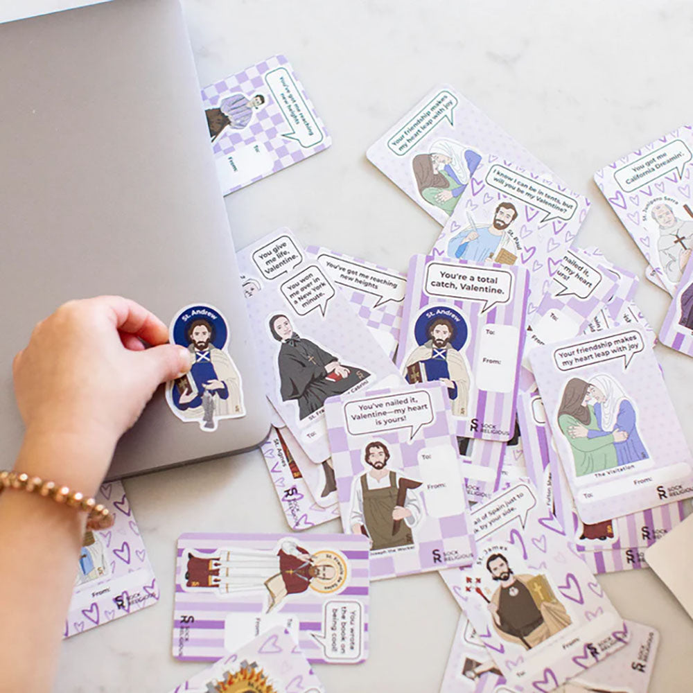 Your Valentine Book & Saint Puns Valentines Stickers Gift Set