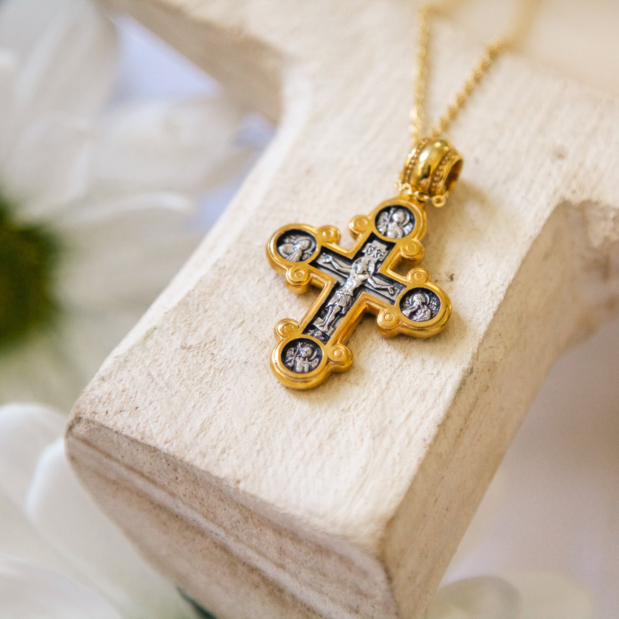 Ornate Gold over Sterling Byzantine Crucifix Necklace