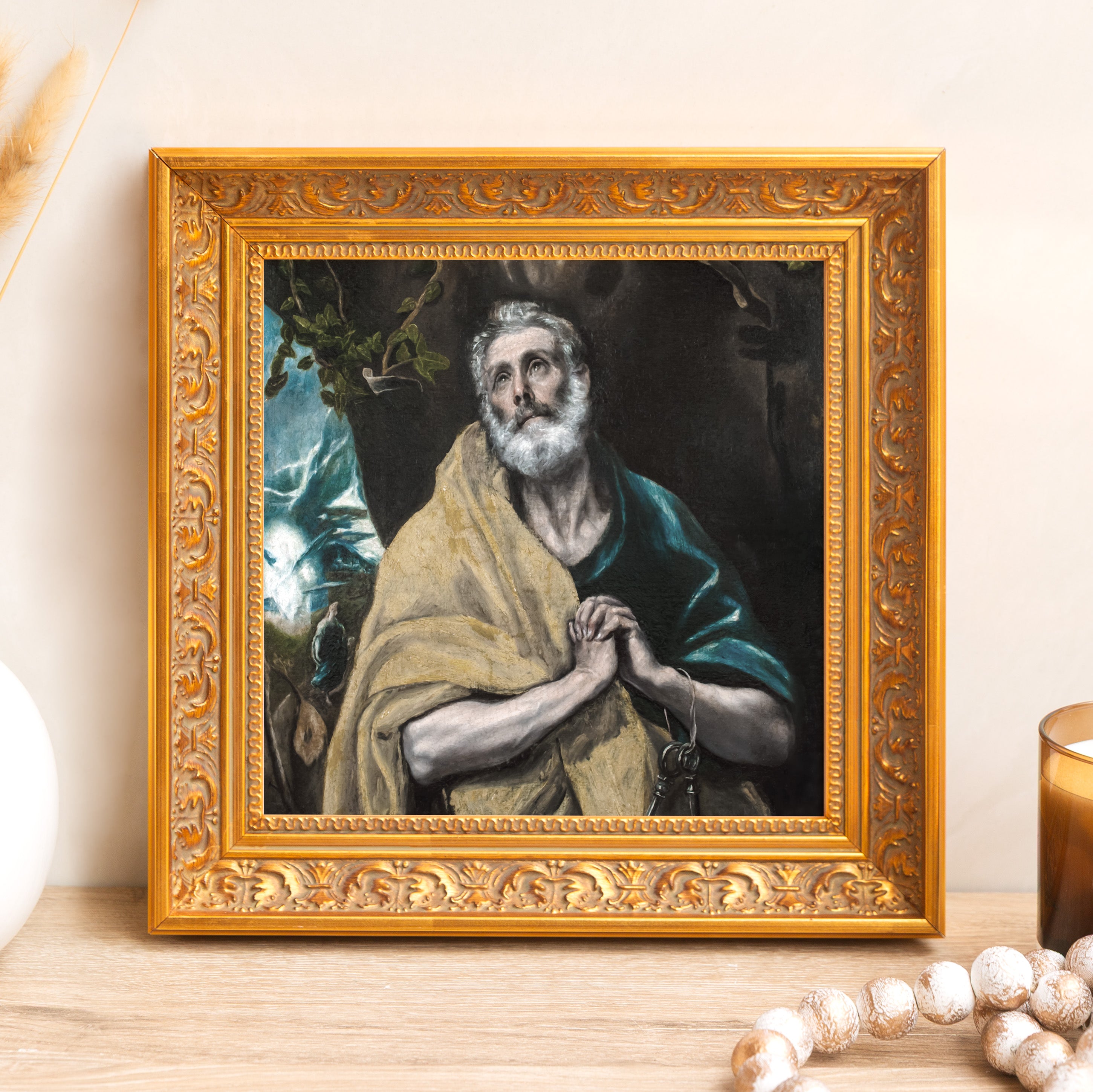Framed, Religious painting of a man with keys. Gold frame.