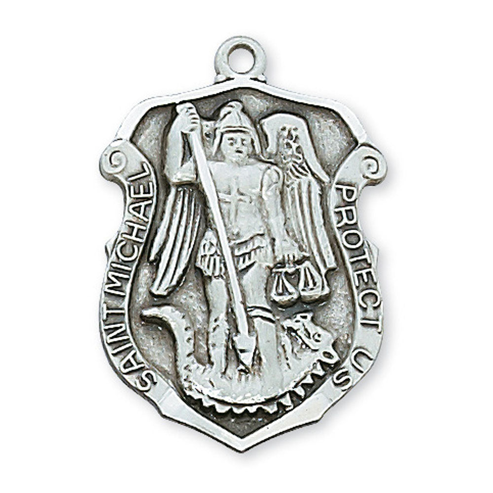 Sterling Silver St. Michael Police Shield Necklace - 24"