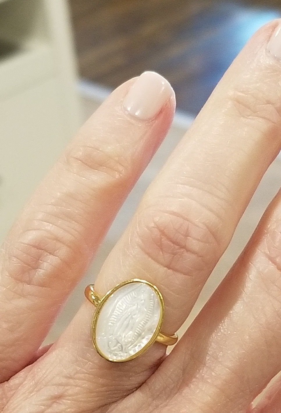 Adjustable Gold Over Silver Mother of Pearl Guadalupe Ring