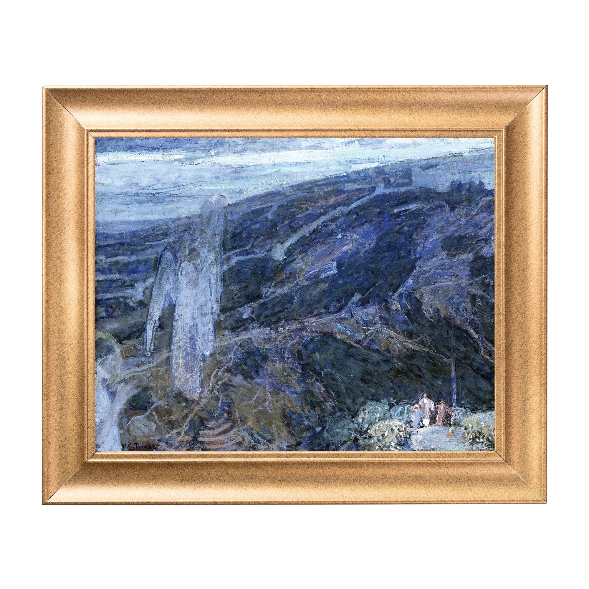 Framed oil painting of a waterfall in blue hues, framed in gold.